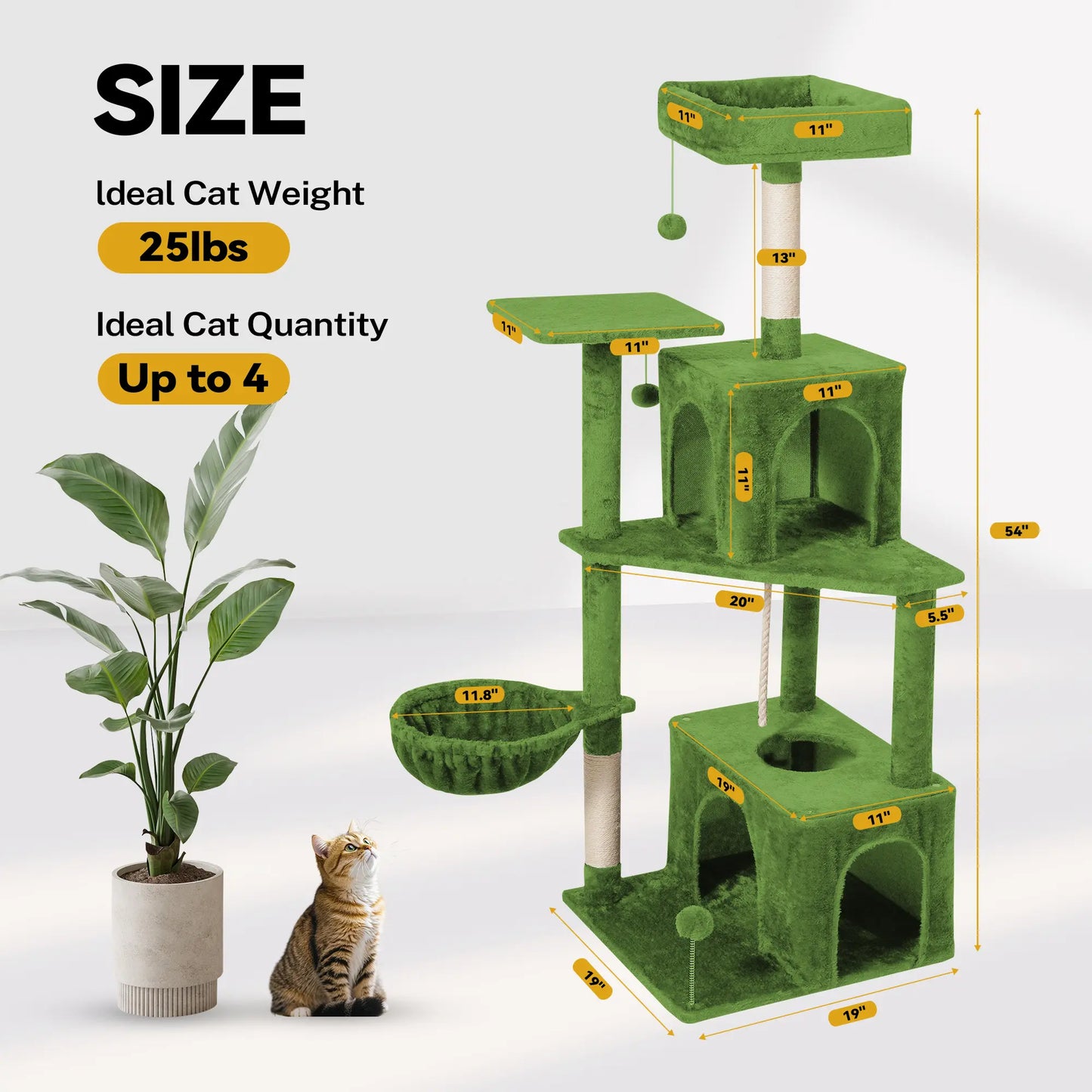 Wecharmer Indoor Cat Tree Tower with Green Leaves, Cozy Plush Cat Condo and Scratching Posts, Includes Hanging Ball, Summerwins