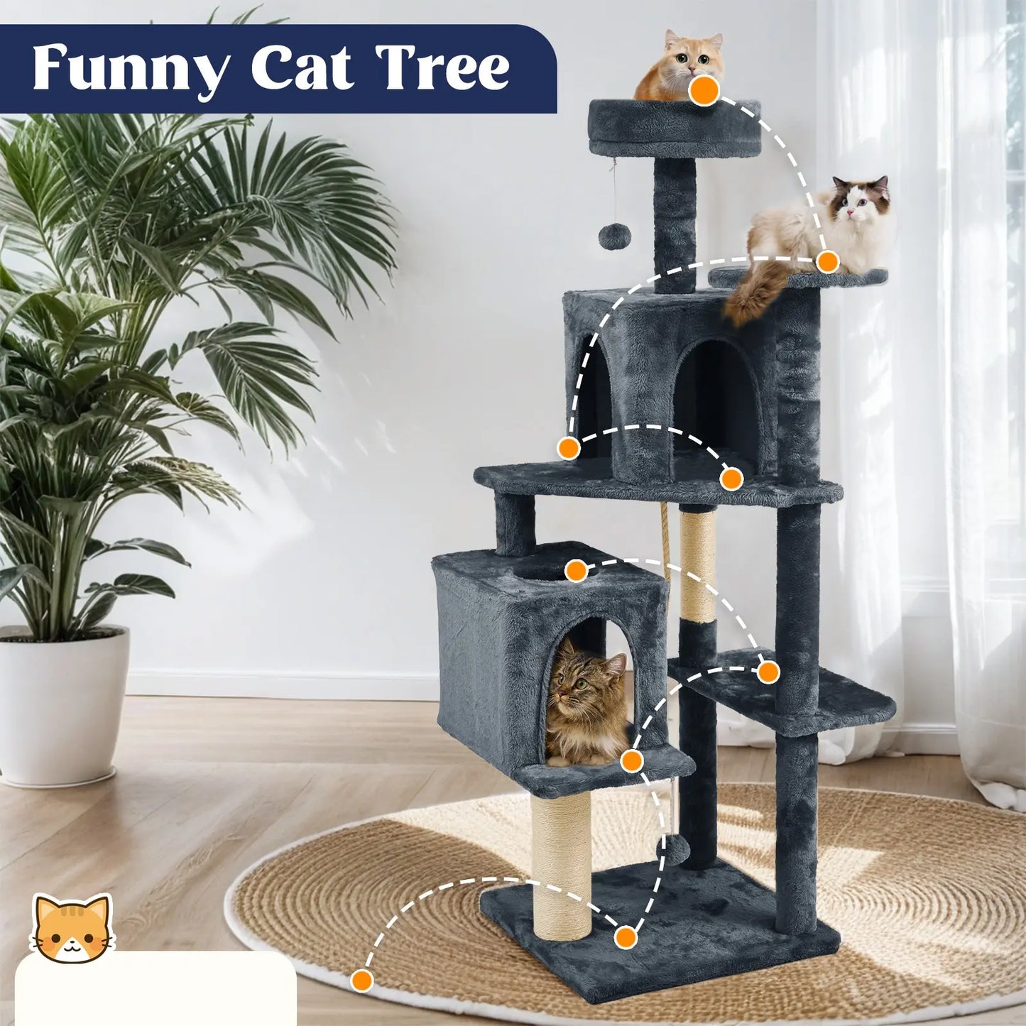 Wecharmer Indoor Cat Tree Tower with Green Leaves, Cozy Plush Cat Condo and Scratching Posts, Includes Hanging Ball, Summerwins