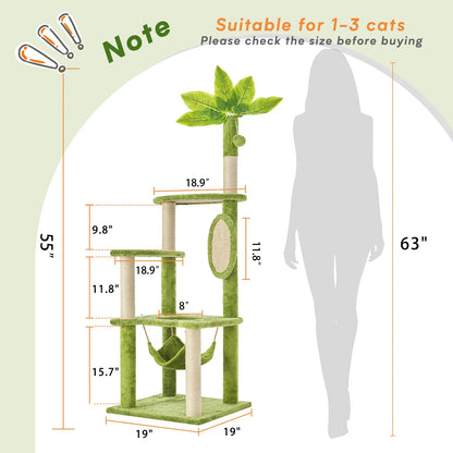 Wecharmer Indoor Cat Tree Tower with Green Leaves, Cozy Plush Cat Condo and Scratching Posts, Includes Hanging Ball, Summerwins