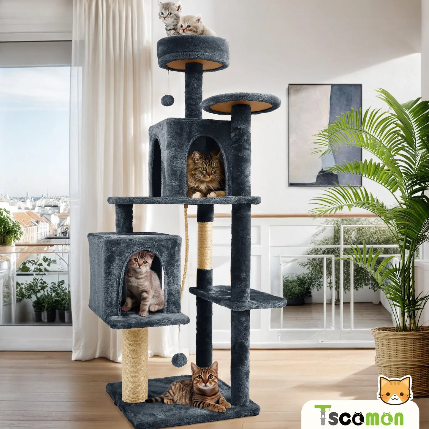 Wecharmer Indoor Cat Tree Tower with Green Leaves, Cozy Plush Cat Condo and Scratching Posts, Includes Hanging Ball, Summerwins