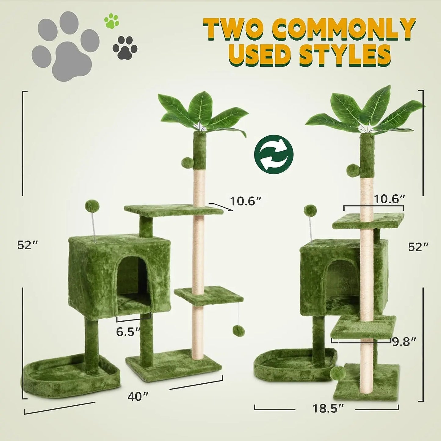 Wecharmer Indoor Cat Tree Tower with Green Leaves, Cozy Plush Cat Condo and Scratching Posts, Includes Hanging Ball, Summerwins