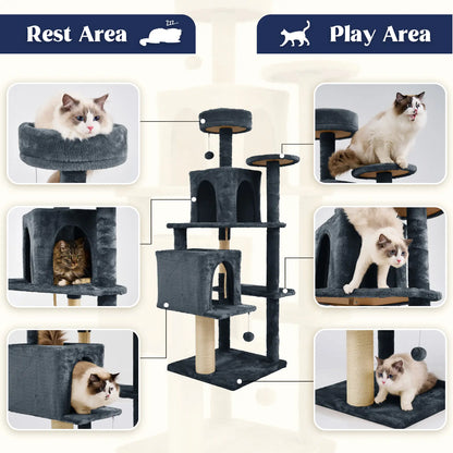 Wecharmer Indoor Cat Tree Tower with Green Leaves, Cozy Plush Cat Condo and Scratching Posts, Includes Hanging Ball, Summerwins