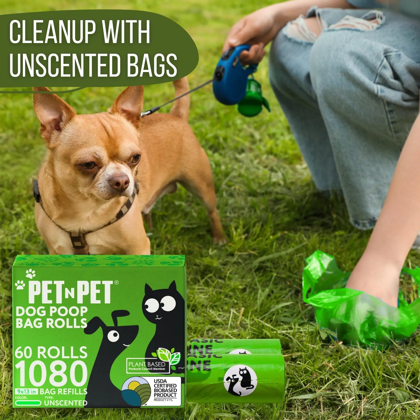 PET N PET USDA Certified Biobased Dog Poop Bags - Available in 270 and 1080 Count, 60 Rolls, 9x13 Inches