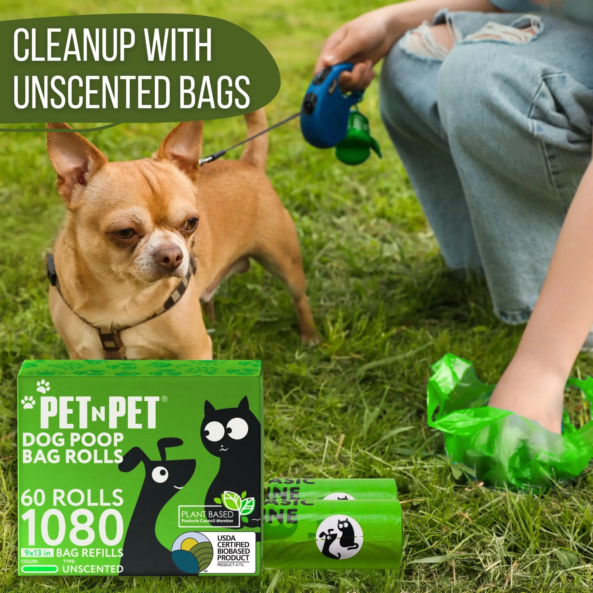 PET N PET USDA Certified Biobased Dog Poop Bags - Available in 270 and 1080 Count, 60 Rolls, 9x13 Inches