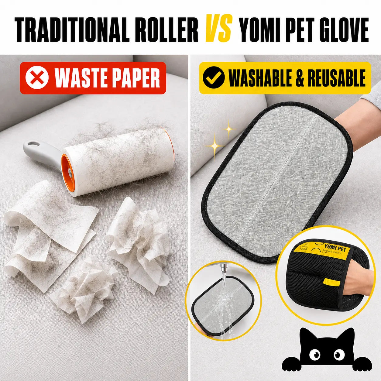 YOMI PET Reusable Electrostatic Pet Hair Remover Glove for Cats and Dogs - Ideal for Furniture, Upholstery, Carpets, and Clothing