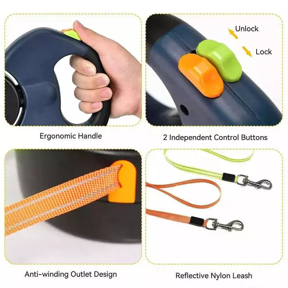 360° Dual Pet Leash - Retractable Reflective Double Dog Walking Lead with Swivel Design