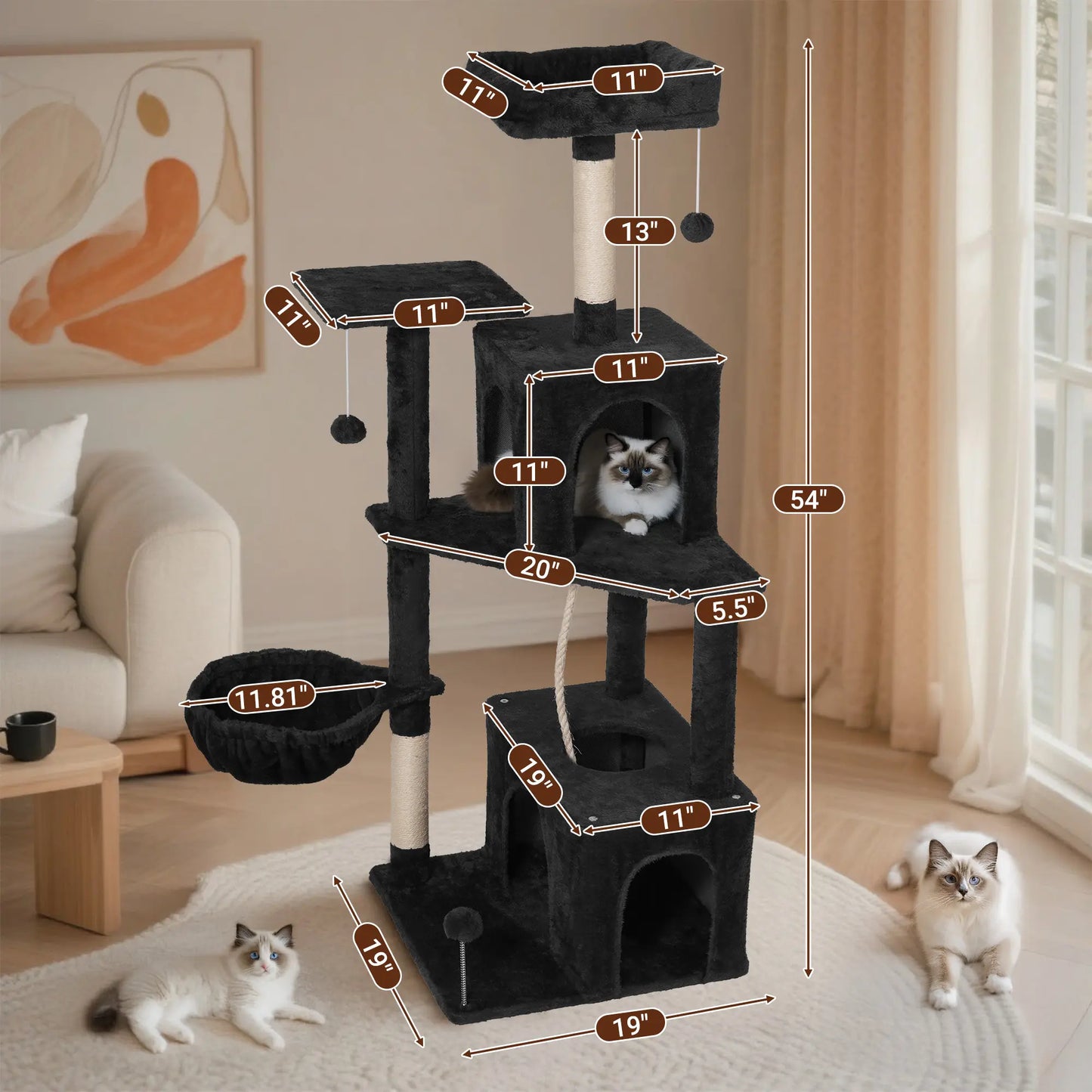 Wecharmer Indoor Cat Tree Tower with Green Leaves, Cozy Plush Cat Condo and Scratching Posts, Includes Hanging Ball, Summerwins