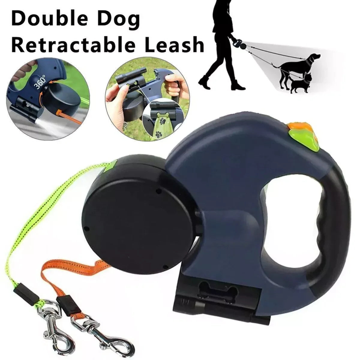 360° Dual Pet Leash - Retractable Reflective Double Dog Walking Lead with Swivel Design