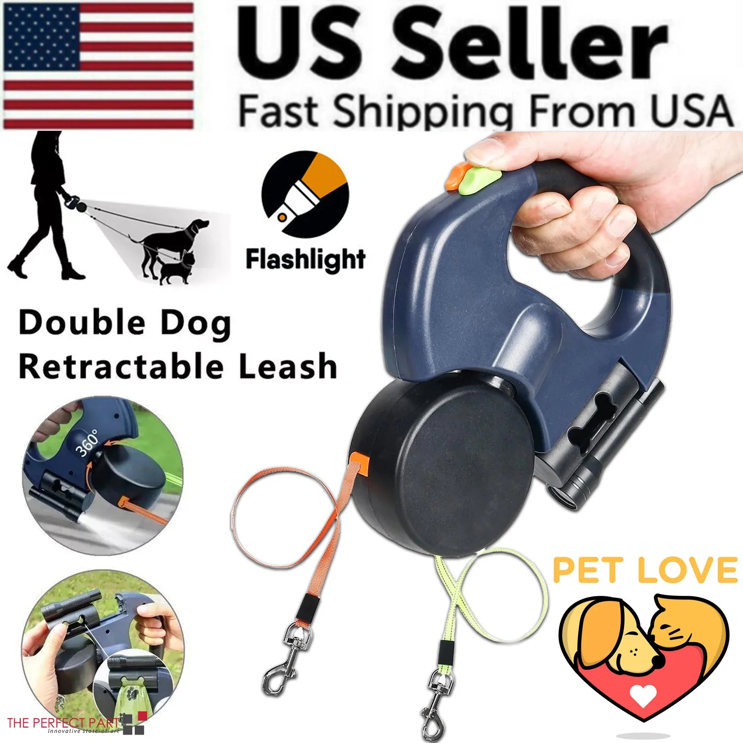 360° Dual Pet Leash - Retractable Reflective Double Dog Walking Lead with Swivel Design