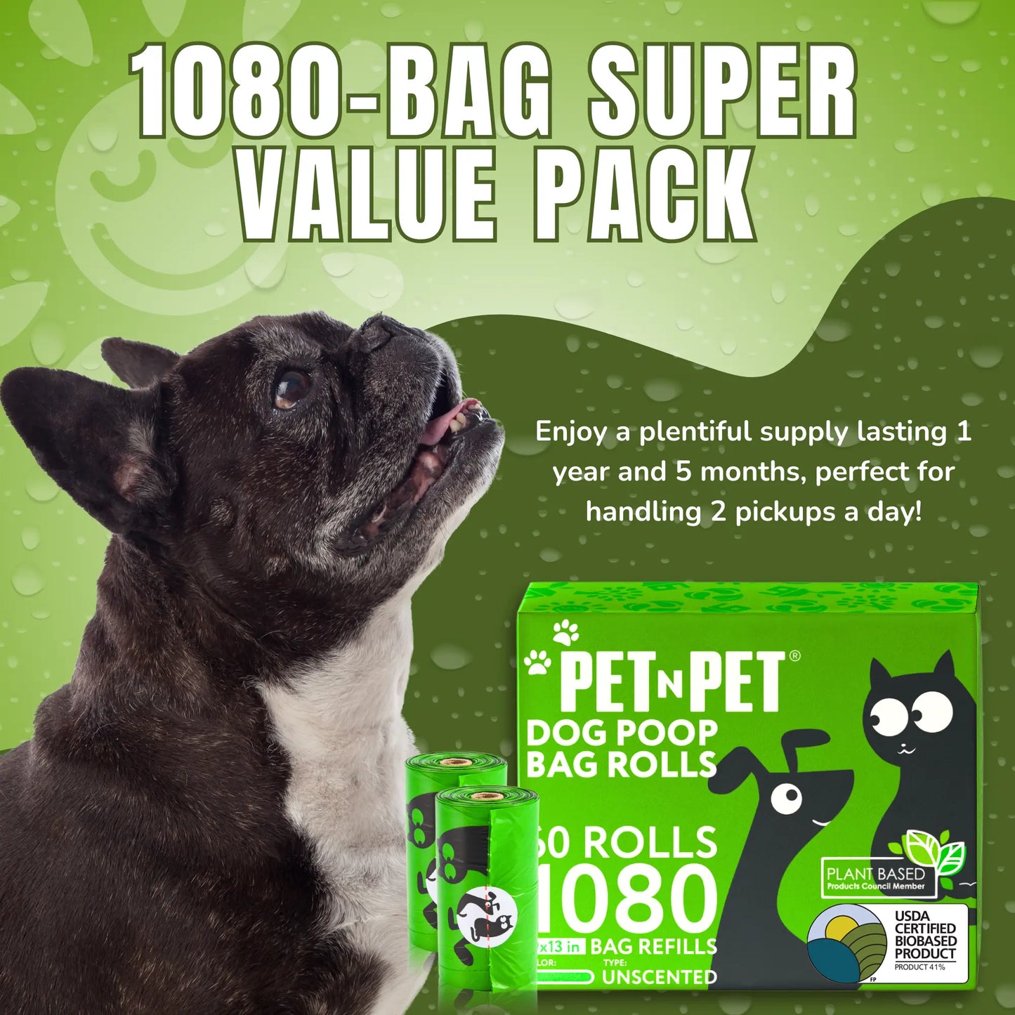 PET N PET USDA Certified Biobased Dog Poop Bags - Available in 270 and 1080 Count, 60 Rolls, 9x13 Inches