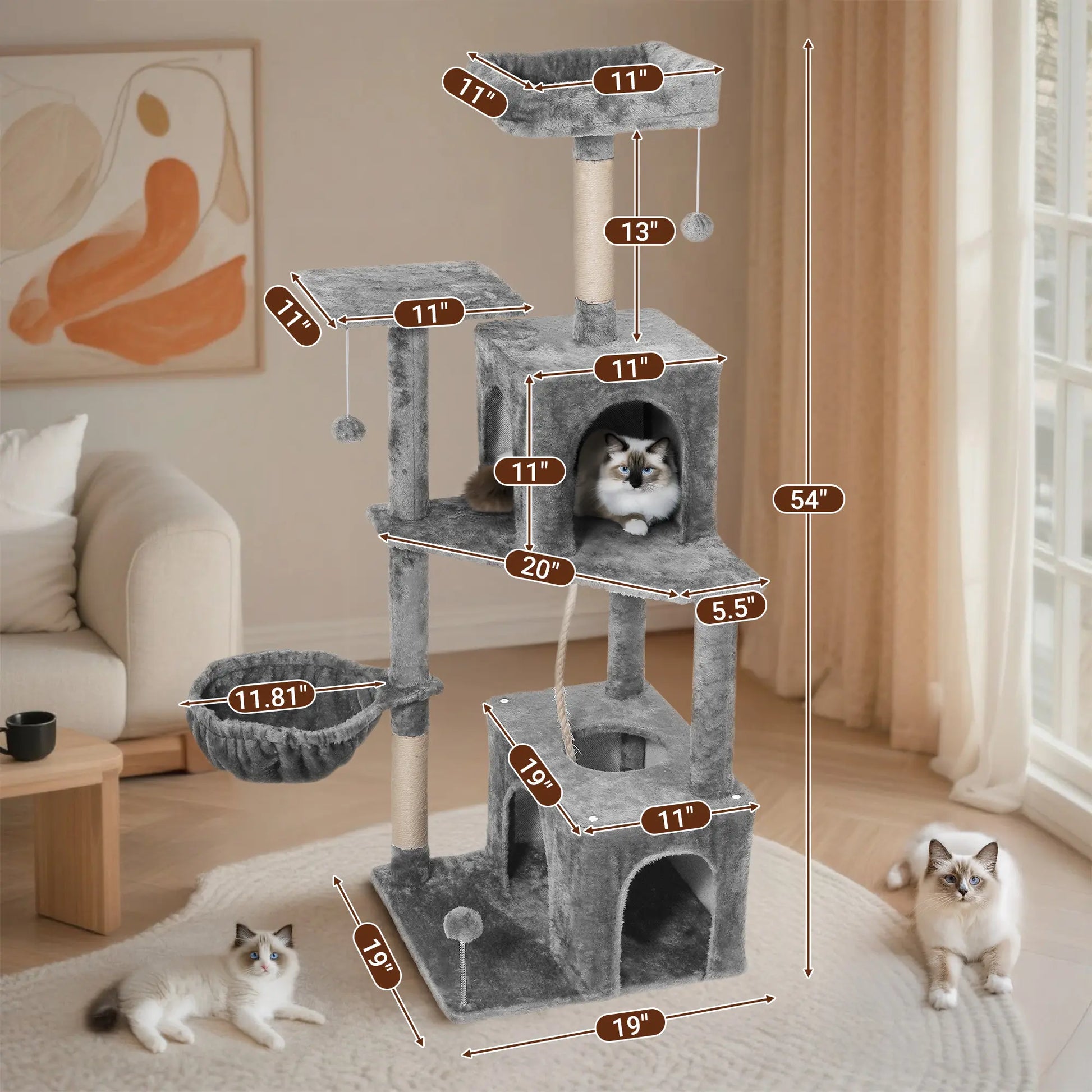 Wecharmer Indoor Cat Tree Tower with Green Leaves, Cozy Plush Cat Condo and Scratching Posts, Includes Hanging Ball, Summerwins