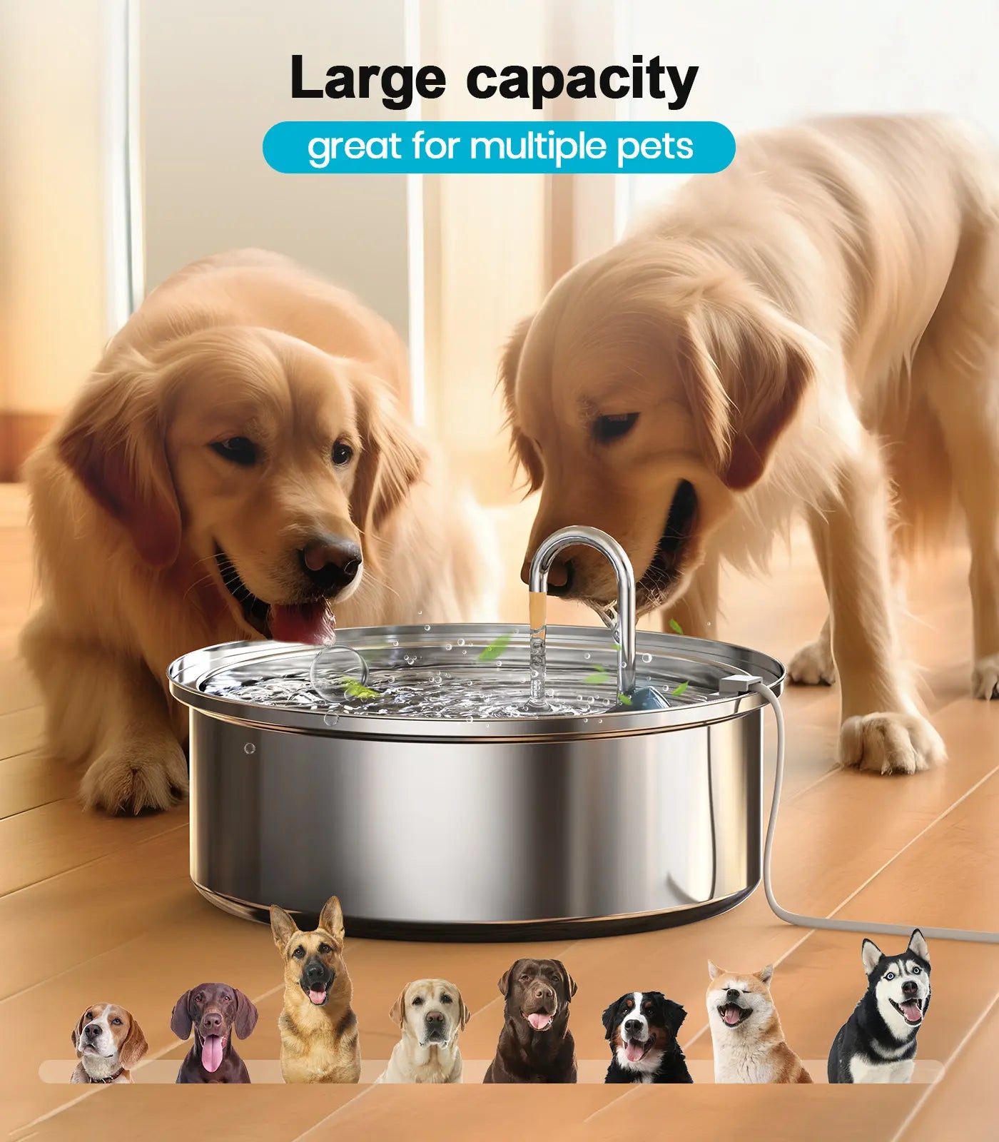Oneisall 6L Stainless Steel Dog Water Fountain for Large Dogs, Featuring 3 Filters, Ultra Quiet Operation, and Wide Drinking Area for Multi-Pet Households