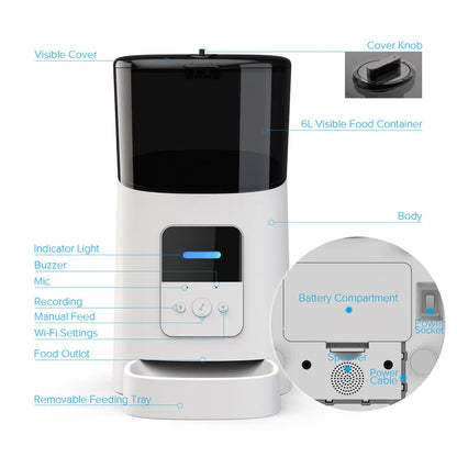 Smart WiFi Automatic Pet Feeder - 6L Large Capacity Food Dispenser for Cats & Dogs with APP Timer