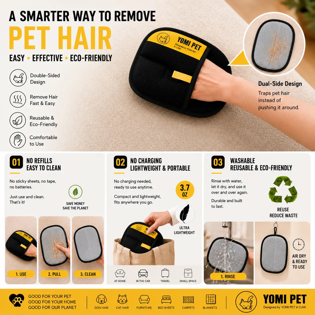 YOMI PET Reusable Electrostatic Pet Hair Remover Glove for Cats and Dogs - Ideal for Furniture, Upholstery, Carpets, and Clothing