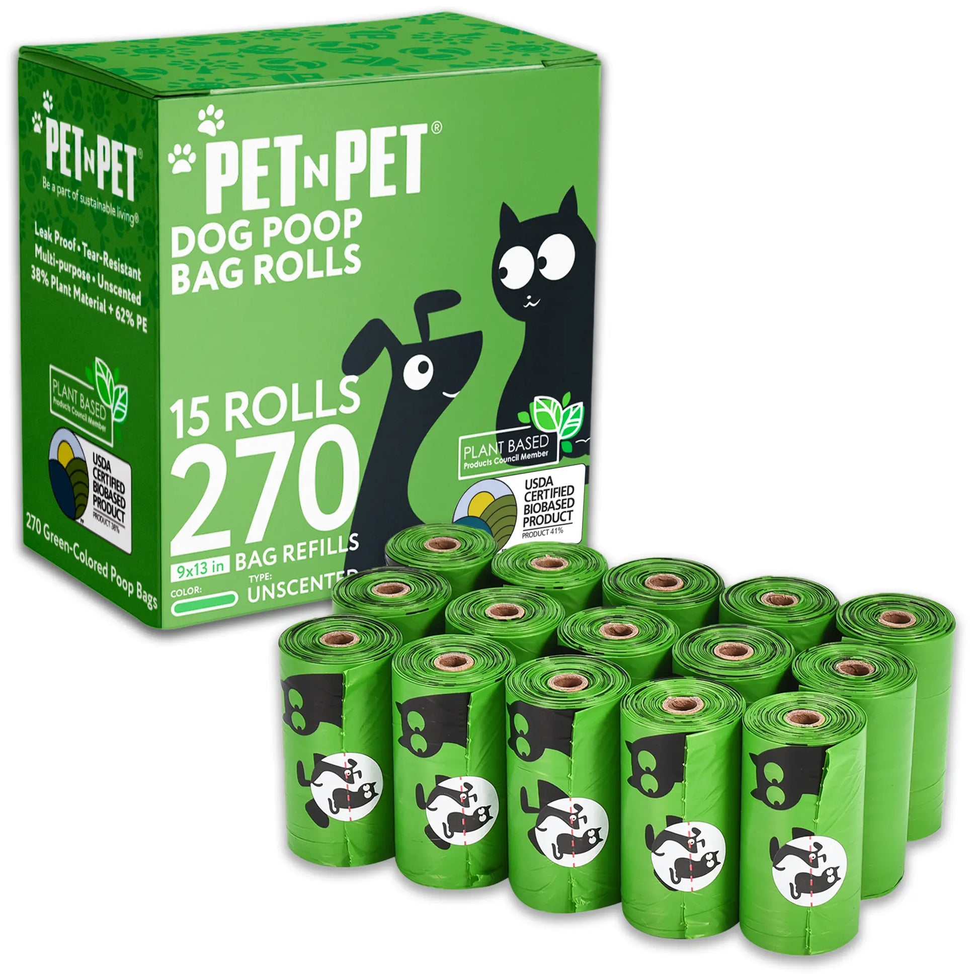 PET N PET USDA Certified Biobased Dog Poop Bags - Available in 270 and 1080 Count, 60 Rolls, 9x13 Inches