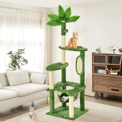 Wecharmer Indoor Cat Tree Tower with Green Leaves, Cozy Plush Cat Condo and Scratching Posts, Includes Hanging Ball, Summerwins