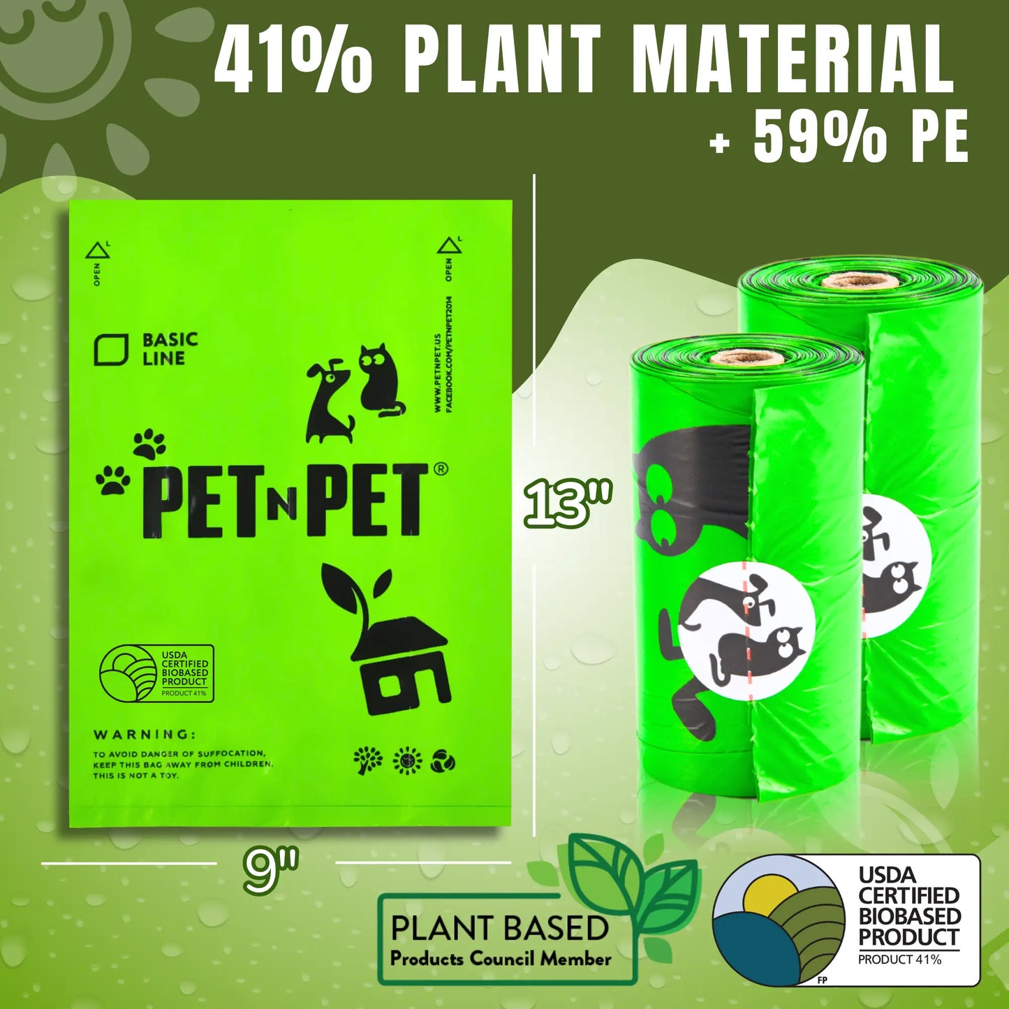 PET N PET USDA Certified Biobased Dog Poop Bags - Available in 270 and 1080 Count, 60 Rolls, 9x13 Inches