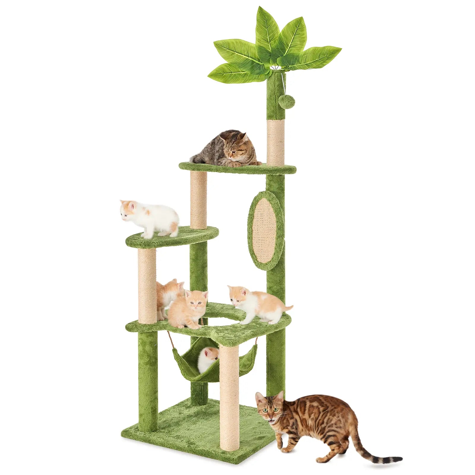 Wecharmer Indoor Cat Tree Tower with Green Leaves, Cozy Plush Cat Condo and Scratching Posts, Includes Hanging Ball, Summerwins