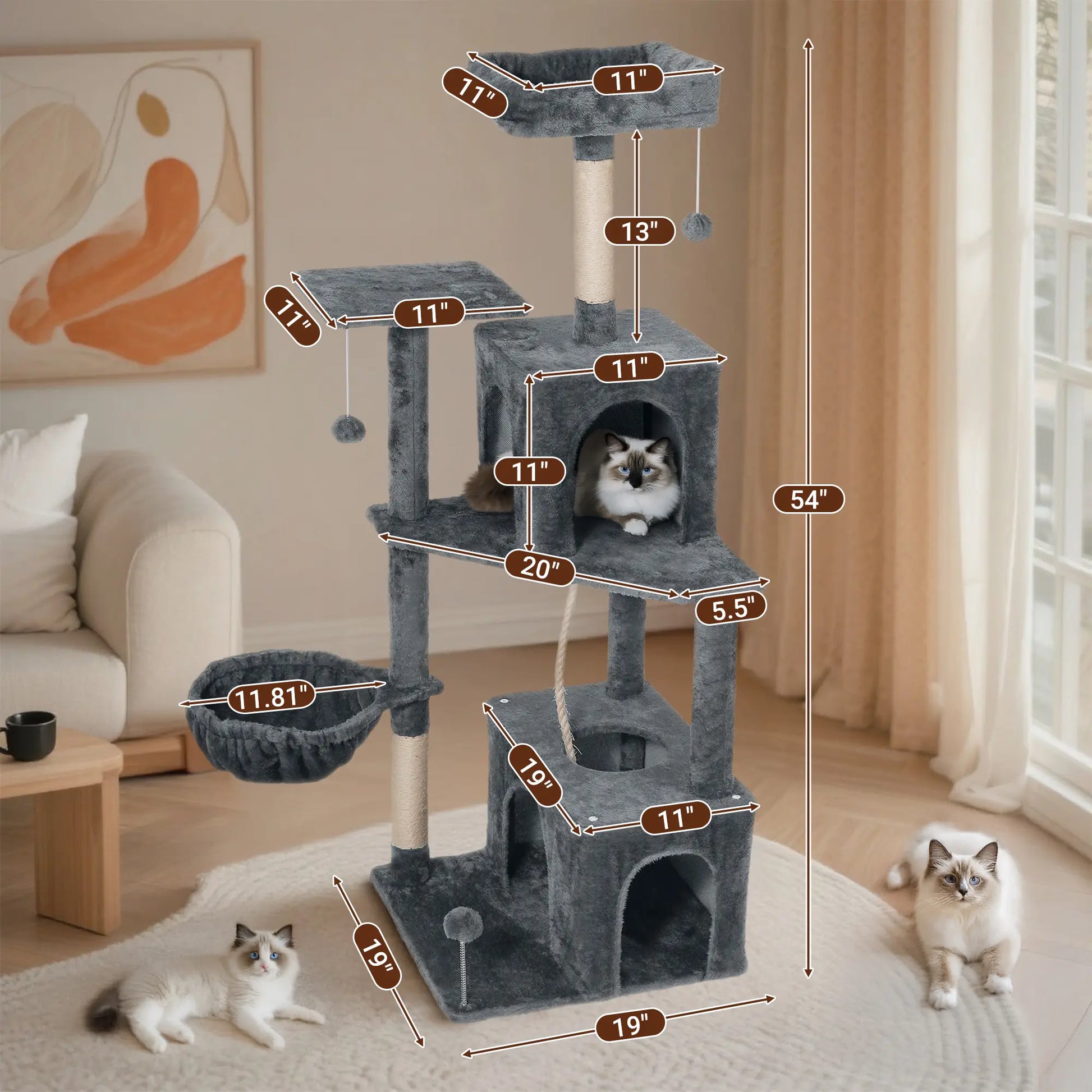 Wecharmer Indoor Cat Tree Tower with Green Leaves, Cozy Plush Cat Condo and Scratching Posts, Includes Hanging Ball, Summerwins
