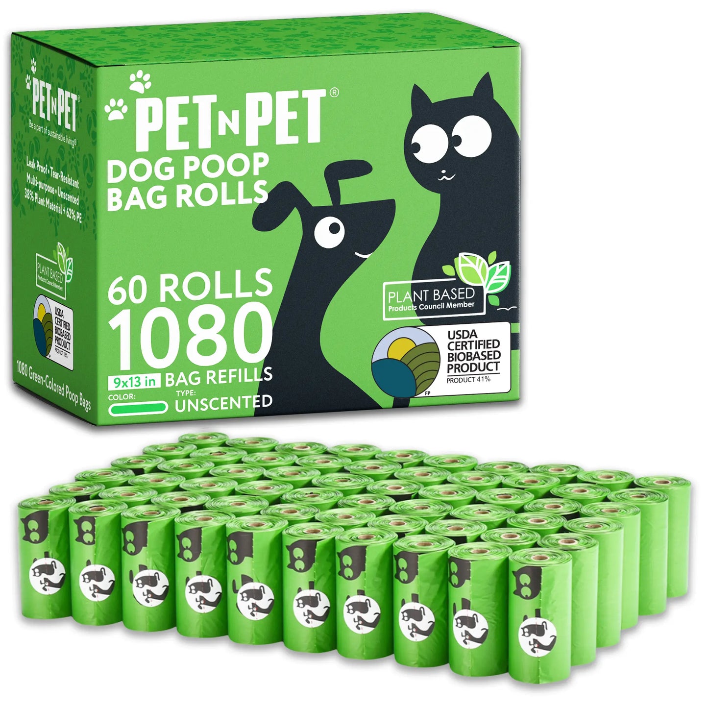 PET N PET USDA Certified Biobased Dog Poop Bags - Available in 270 and 1080 Count, 60 Rolls, 9x13 Inches