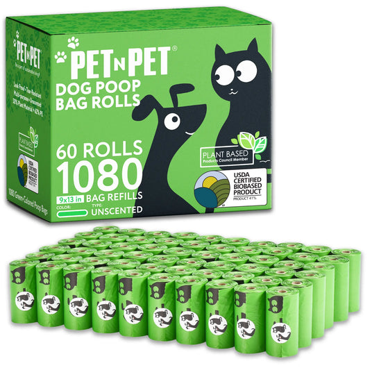 PET N PET USDA Certified Biobased Dog Poop Bags - Available in 270 and 1080 Count, 60 Rolls, 9x13 Inches
