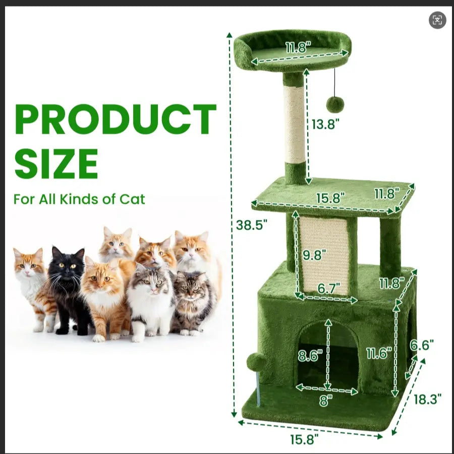 Wecharmer Indoor Cat Tree Tower with Green Leaves, Cozy Plush Cat Condo and Scratching Posts, Includes Hanging Ball, Summerwins