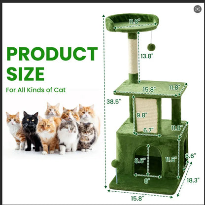 Wecharmer Indoor Cat Tree Tower with Green Leaves, Cozy Plush Cat Condo and Scratching Posts, Includes Hanging Ball, Summerwins